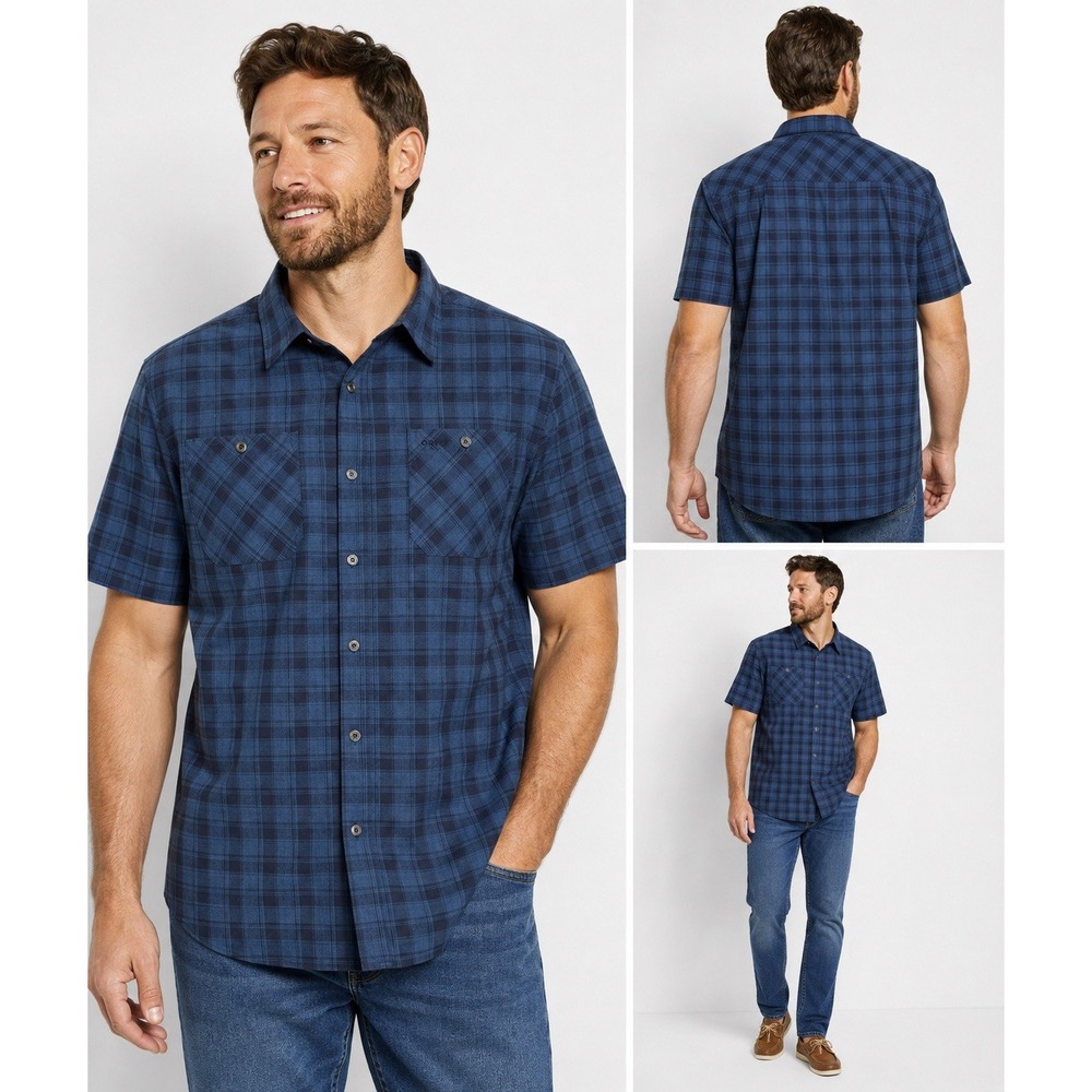 Orvis Men's XL Blue Plaid Button Up Short Sleeve Pockets Casual Fishing Outdoor